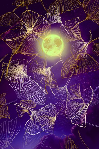 银杏的剪贴画背景在繁星点点的夜空和满月中飘落。图片下载