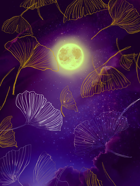 银杏的剪贴画背景在繁星点点的夜空和满月中飘落。图片下载