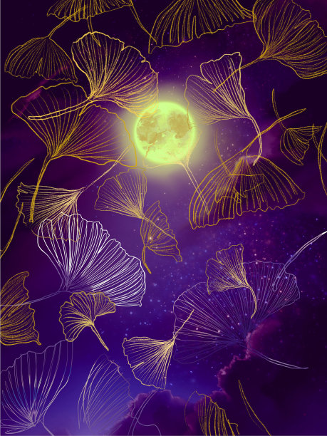 银杏的剪贴画背景在繁星点点的夜空和满月中飘落。图片下载