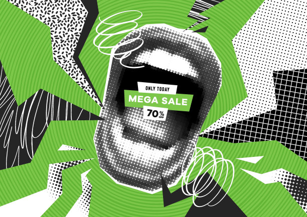 折扣拼贴矢量横幅与半色调的嘴和grunge元素。时尚杂志的风格。带有涂鸦和半色调元素的创意横幅。销售的概念。创意现代广告海报图片下载