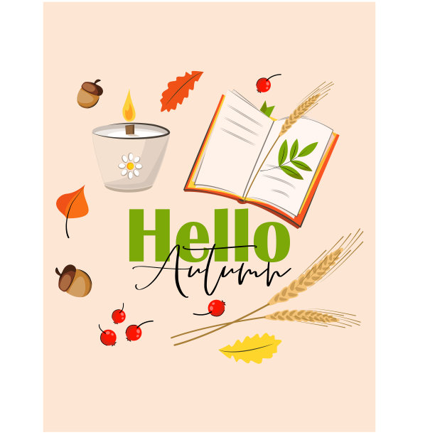 秋季主题明信片banner：彩色树叶、蜡烛、书籍和橡果矢量插画图片下载