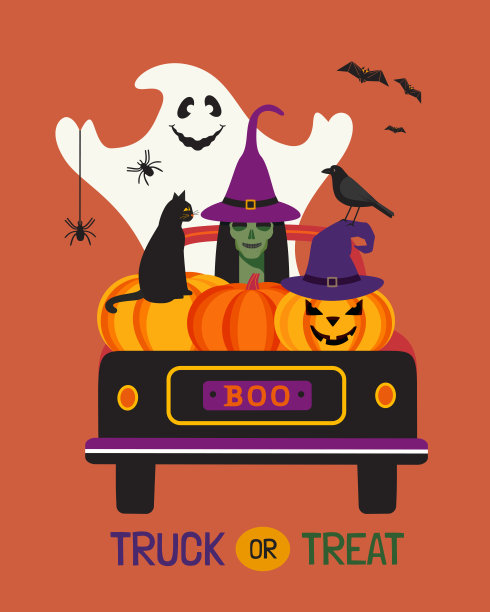 卡车或治疗万圣节幽灵恐怖可爱矢量图片下载