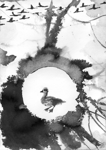 童话里的丑小鸭。天鹅飞到南方。丑小鸭被单独留下了。图片下载