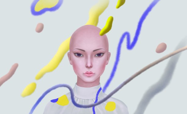 一个女人的肖像作品和抽象的线条。超现实主义绘画。图片下载