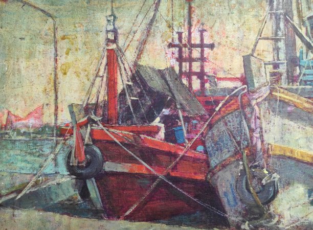 在海滩上画船。布面油画。海景艺术品。景观艺术。大海和船。图片下载