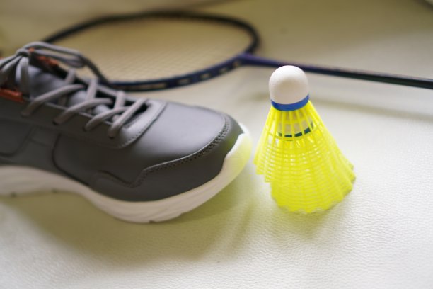 羽毛球:图片显示羽毛球拍，羽毛球和鞋训练，特写，室内运动，运动器具。图片下载