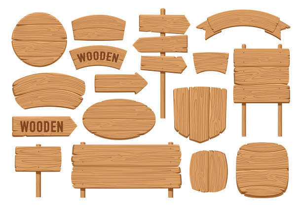 设置木制横幅、指示牌或板子设计模板。招牌收集，面板胶合板矢量插图图片下载