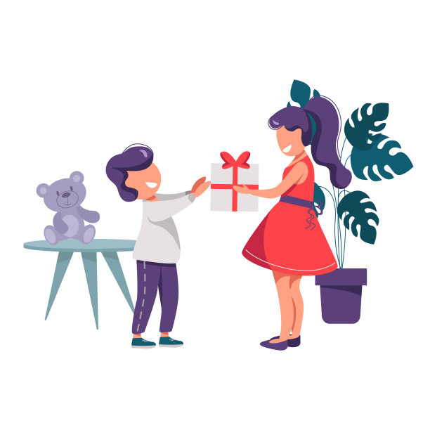 一个正在送礼物的男孩和女孩在不同背景下的插图图片下载