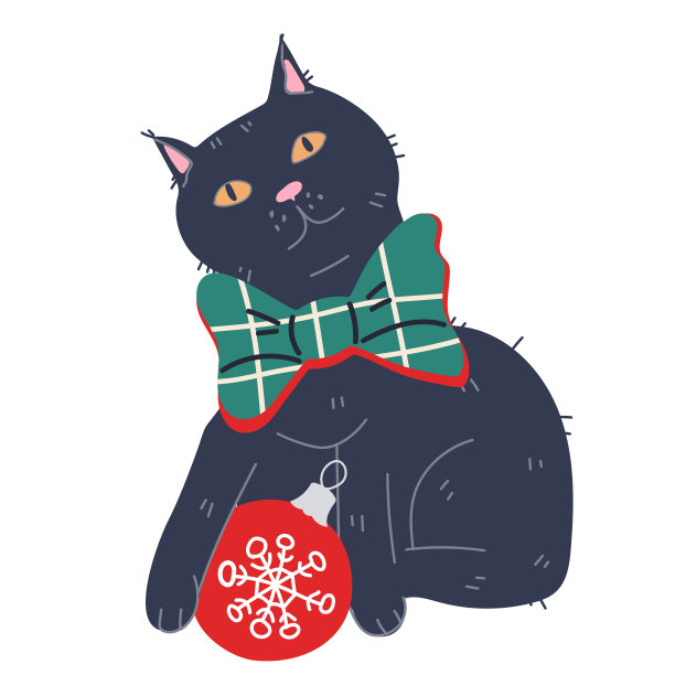 可爱的黑猫与圣诞蝴蝶结和装饰圣诞球，平面矢量孤立。图片下载