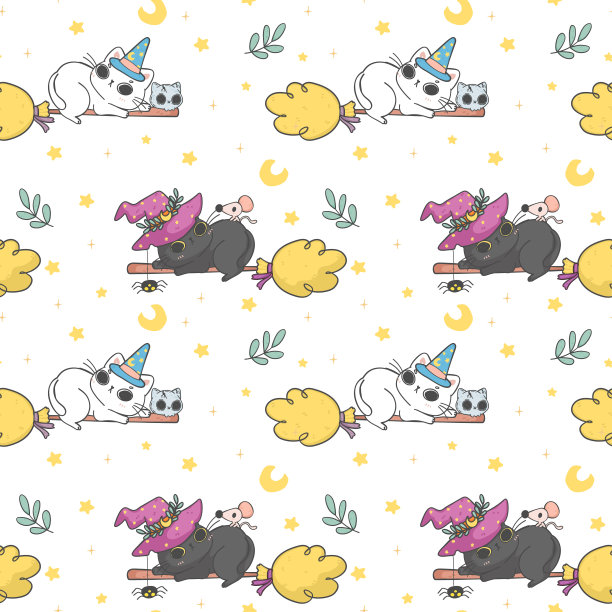 可爱的小猫咪女巫扫帚万圣节图案无缝背景卡通涂鸦手绘图片下载