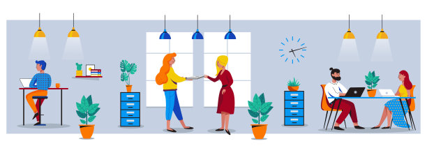 人们在友好的开放空间工作。联合办公，自由职业，团队合作，沟通，互动，想法，独立活动概念。矢量插图在灰色背景图片下载