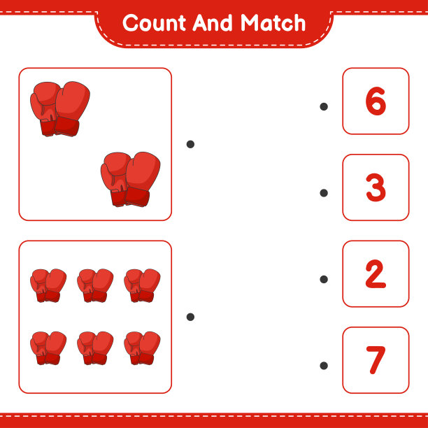 计算和匹配，计算拳击手套的数量，并匹配正确的数字。教育儿童游戏，可打印的工作表，矢量插图图片下载