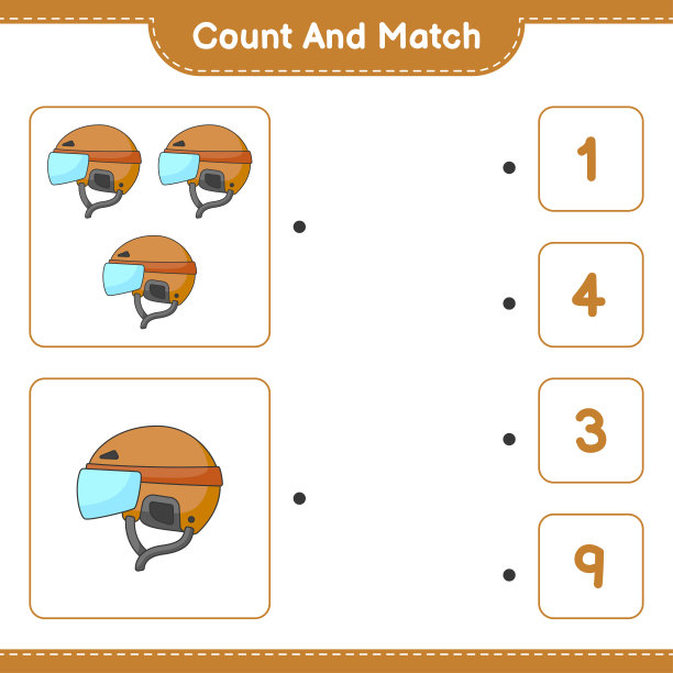 计算和匹配，计算曲棍球头盔的数量，并匹配正确的数字。教育儿童游戏，可打印的工作表，矢量插图图片下载