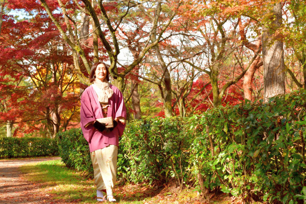 穿着和服的日本女子欣赏京都秋叶的颜色图片下载
