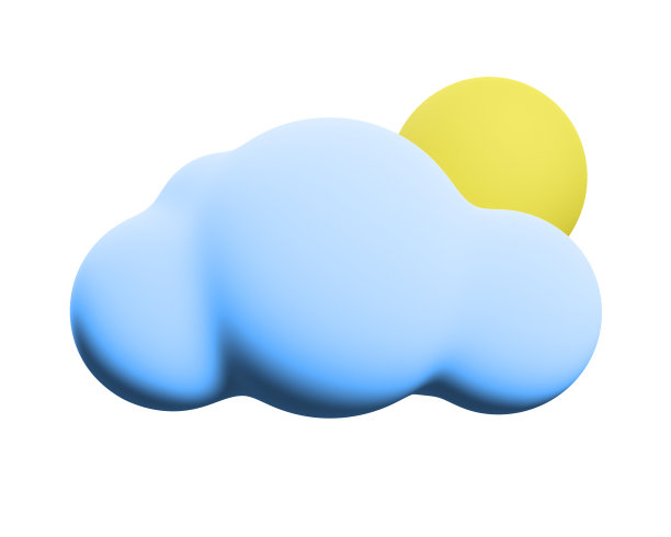 3D风格化的太阳和云隔离在蓝色背景上。天气预报的概念。三维渲染图片下载