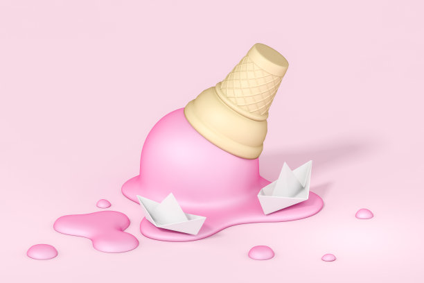 海洋的抽象融化了一个粉红色的冰淇淋与折叠纸船在粉彩背景3d渲染。夏季设计纸船或纸船现代风格最小的概念。图片下载