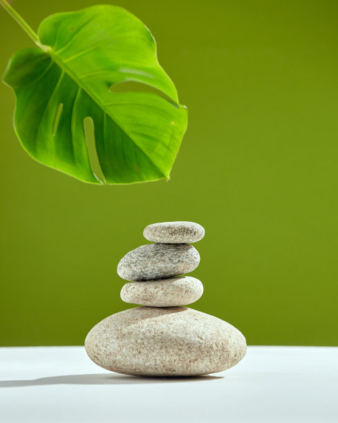 讲台上的天然石材上的绿色背景，monstera叶为环保化妆品。美容产品的基座图片下载