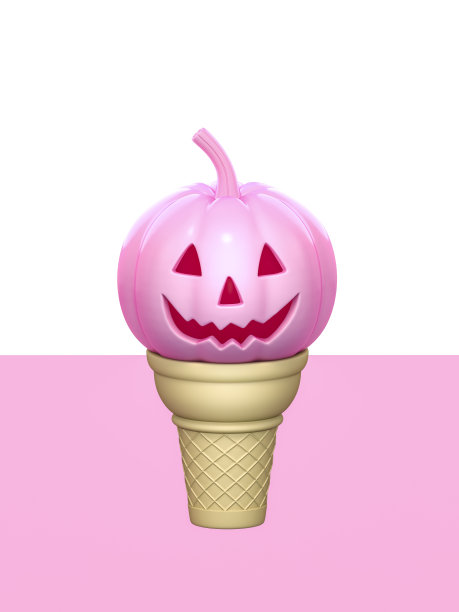 粉色万圣节南瓜华夫饼锥在两个色调柔和的背景3d渲染。3d插图甜南瓜庆祝万圣节事件模板简约风格的概念。图片下载