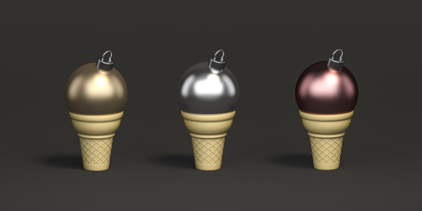 金属金，银，铜(玫瑰金)饰品圣诞球放在华夫饼锥设置在黑色背景3d渲染。3d插画简约风格的圣诞节和新年概念。图片下载