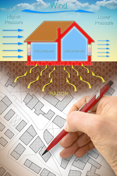 手绘氡气如何进入我们的家，因为风的压力-概念插图与建筑的横截面和城市规划图片下载