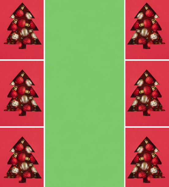 圣诞节的拼贴画。在红色背景上剪出一棵圣诞树，里面装满了彩球。副本的空间。图片下载