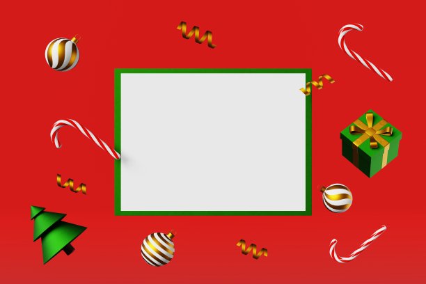 圣诞贺卡模拟杉树球糖果手杖礼盒彩带蝴蝶结3d渲染。单板模板红色背景。图片下载