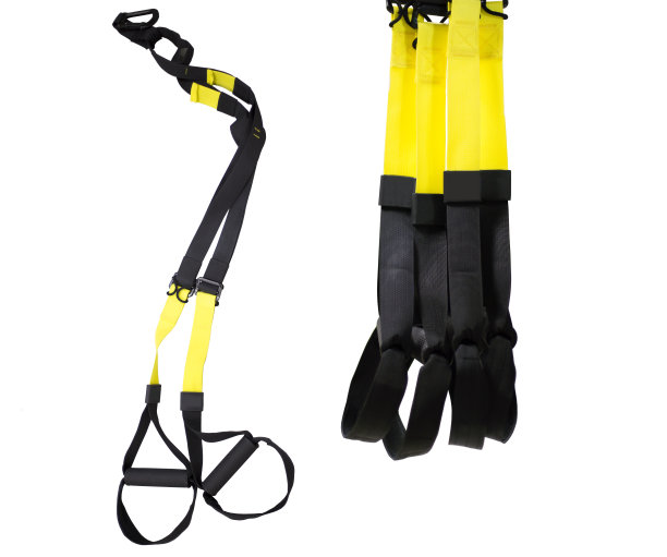 黑色和黄色的隔离训练带，用于运动训练和身材，一个人所有肌肉的工作，用于燃烧脂肪的教练。体育带图片下载