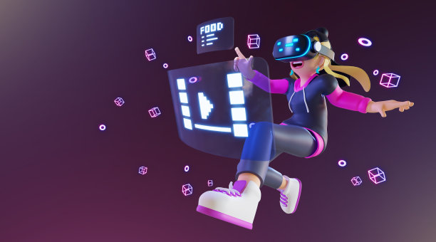 元宇宙中，戴VR眼镜的女人在玩游戏和点餐。3D渲染图片下载