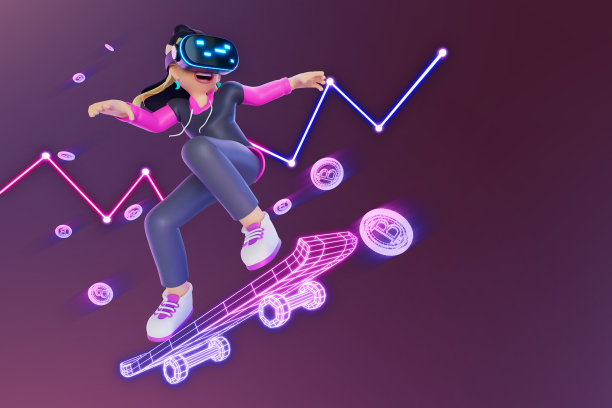 戴着VR眼镜的女子在加密货币牛市中玩滑板。3d渲染图片下载