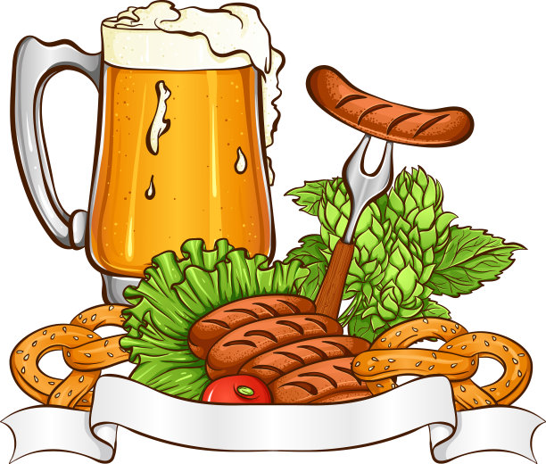 静物画配一杯啤酒香肠椒盐卷饼图片下载