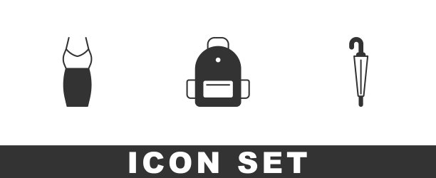 设置女子服装学校双肩包和雨伞图标图片下载