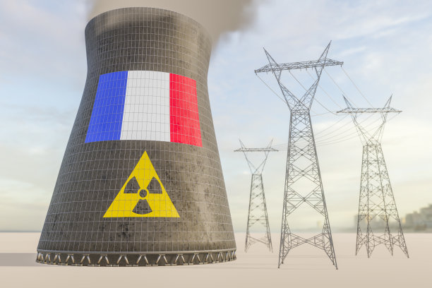 核能在法国的概念。生态的概念。能源战争。工业生产。核能带输电塔带电厂冷却塔。3 d渲染。图片下载