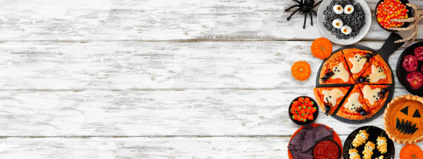 有趣的万圣节晚餐派对边边界在白木横幅的背景图片下载