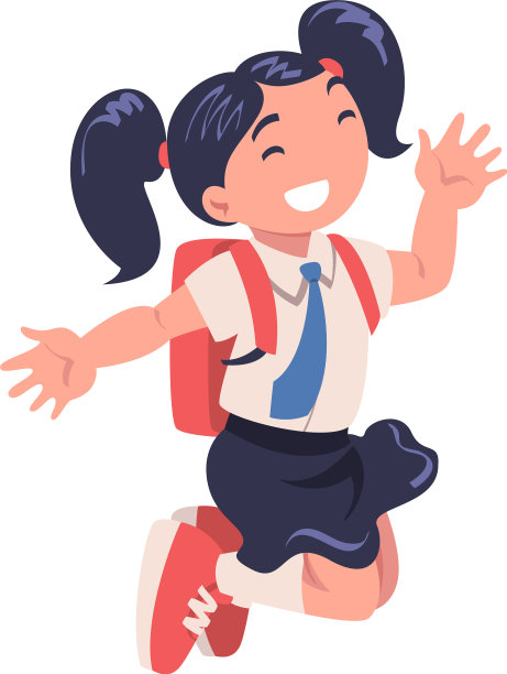 快乐的女生小学生穿着校服，系着领带，背着书包图片下载