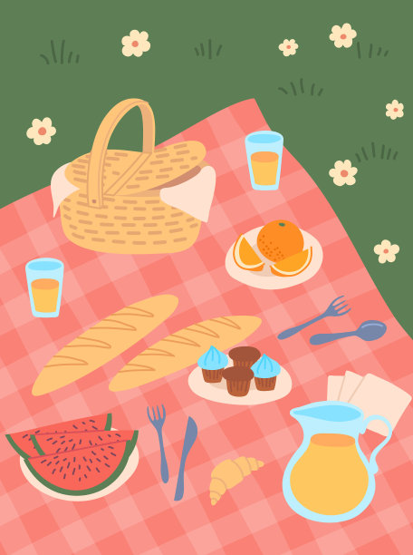 卡通色彩夏日野餐场景概念海报图片下载