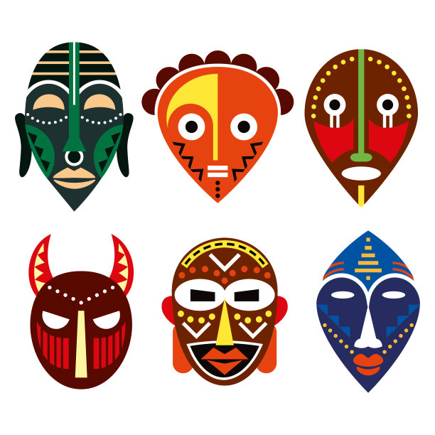 非洲仪式面具矢量设计集，不同颜色的传统民间艺术装饰图片下载