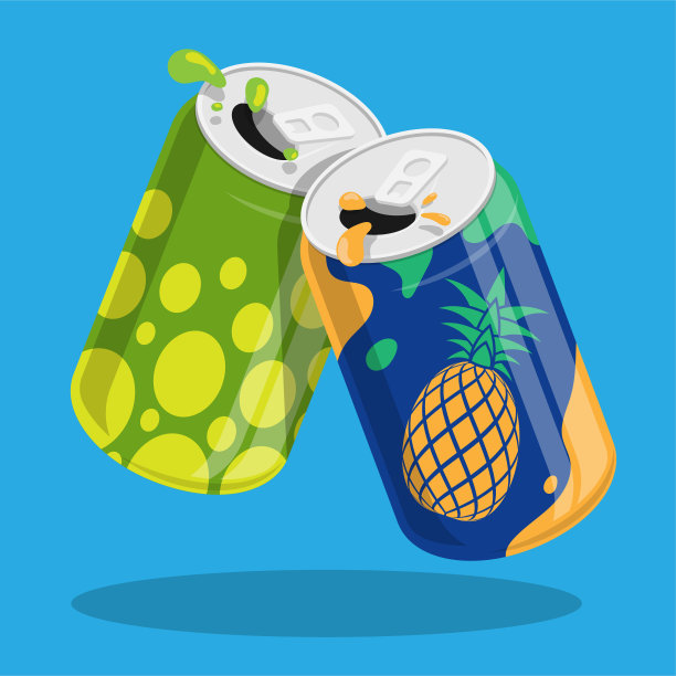 闪闪发光的铝罐和软饮料互相碰撞的愿望。储存鸡尾酒和苏打水在罐子里。蓝色背景的卡通向量图片下载