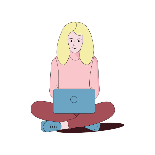 一个金发女孩穿着粉色毛衣和红色裤子，蓝色运动鞋，坐在地板上，拿着一台蓝色的笔记本电脑。在线工作。在线教育网络图片下载