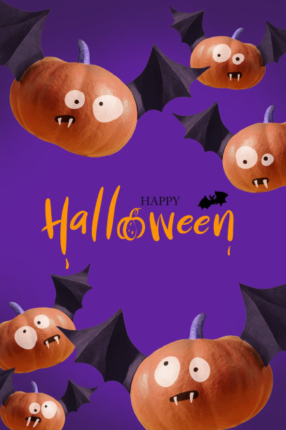快乐的万圣节海报，紫色的派对邀请背景与蝙蝠南瓜有趣的恐怖的脸图片下载