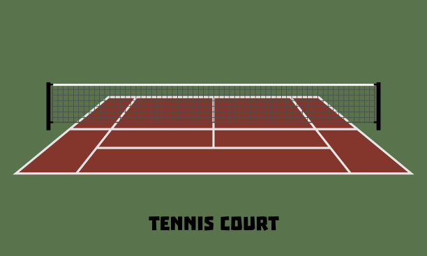 深红色的网球场在绿色的网球场上图片下载