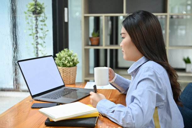亚洲女商人一边喝咖啡，一边专注于笔记本电脑工作。图片下载