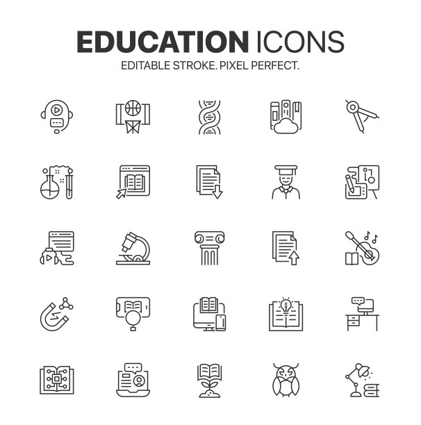 设置教育和返回学校图标。学习，教训，课程和在线教育符号集图片下载