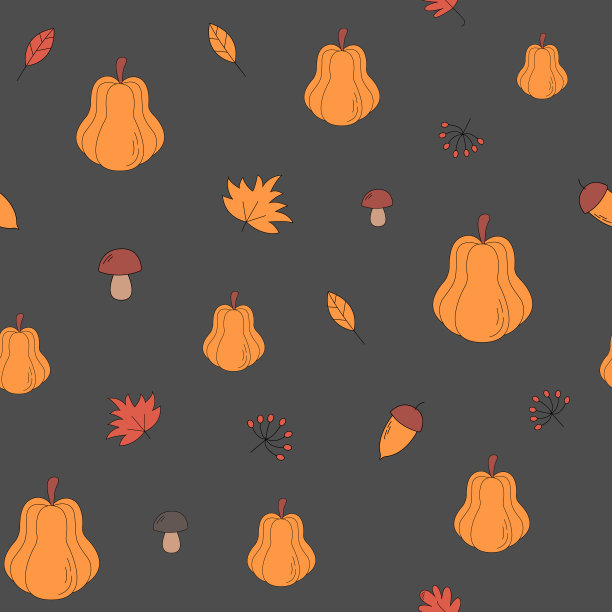南瓜，树叶，橡子和蘑菇无缝图案。感恩节，万圣节，秋天的美丽背景。素材图片