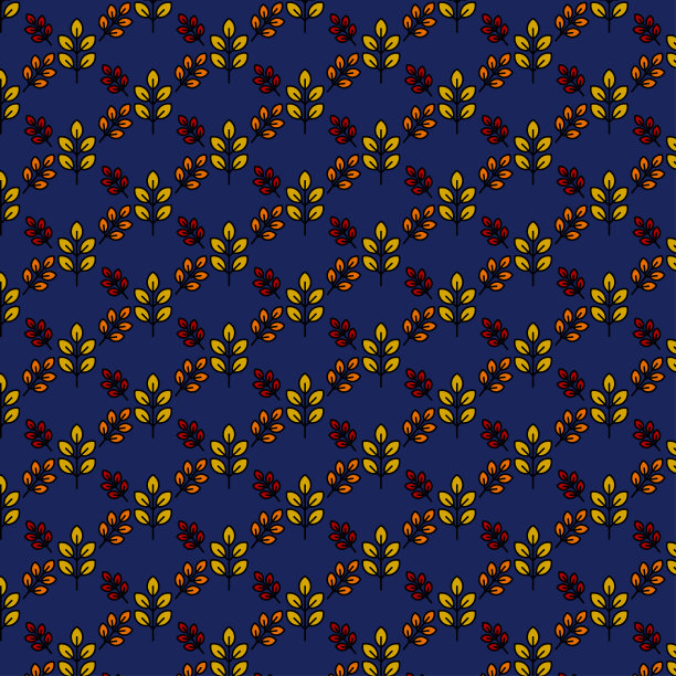 秋天矢量无缝图案与树叶。秋季的背景。墙纸的颜色点缀。枝干在深蓝色的背景上，叶蓝，红，橙，黄。插图纹理简单的设计花卉图片下载