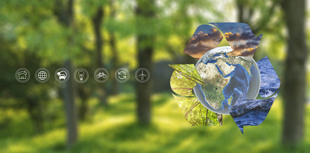 环境理念商人以生态图标把握并展示全球。商业人与全球循环木材天水环保产业环保可持续的未来图片下载