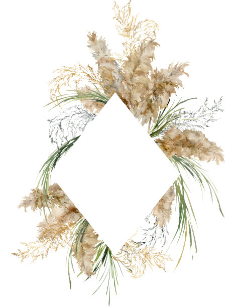 水彩热带框架的金色，黑色和绿色的草原草。手工绘制的边界外来干燥植物孤立在白色背景。花卉插图设计，印刷，织物或背景。图片下载