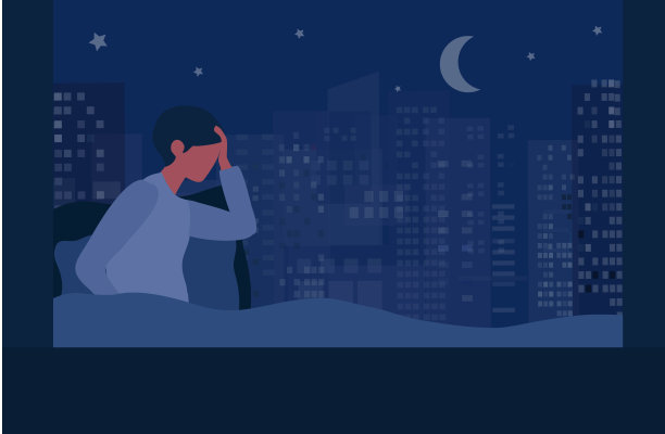 男子夜间醒来和失眠所遭受的失眠、头痛、抑郁、紊乱等心理健康病矢量插图图片下载