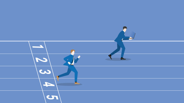 优点是勤奋、勤奋、热情、紧张。一位商界领袖用笔记本电脑工作，并在跑道上跟踪竞争对手的跑步。职业定位、竞争、较量、比较业绩。图片下载