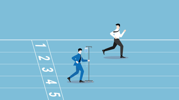 工作狂的经营理念，勤奋、勤奋、热情、紧张，职业定位、竞争、业绩、无病假。商人用生理盐水输液袋在跑道上跑步。图片下载