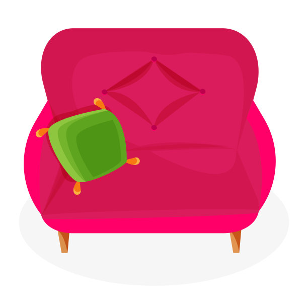 红粉色扶手椅，绿色靠垫。图片下载